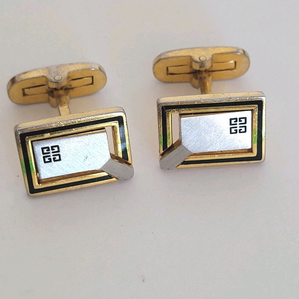 Givenchy Cufflinks Set Gold Silver Black Tone Rectangle Logo Vintage Designer
